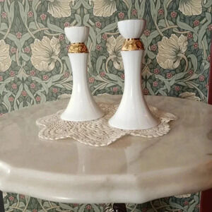Set of 2 vintage Candle holder ceramic White and gold